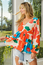 BiBi Floral Woven Tiered V Neck Top OutfitFlow